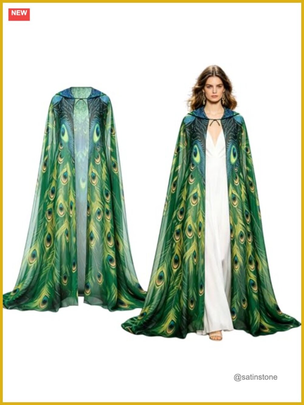Hooded Peacock Cape Bird Wings Cloak Mardi Gras Halloween Costume Adult